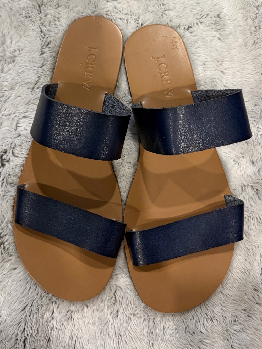 J. Crew Navy Double-Strap Leather Slide Sandals